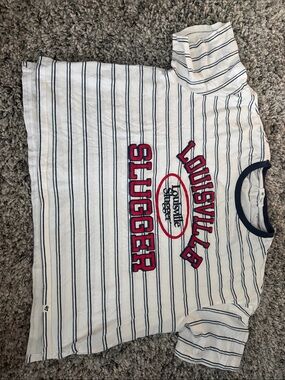47 Women’s White Striped Tee with Red Louisville Lettering